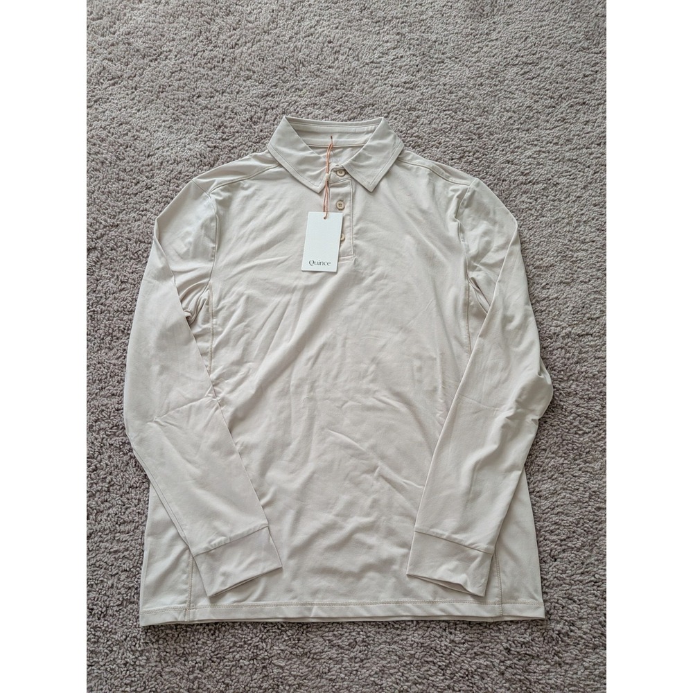 Quince Flowknit Breeze Performance Long Sleeve Polo Solid Chalk Mens XS NWT